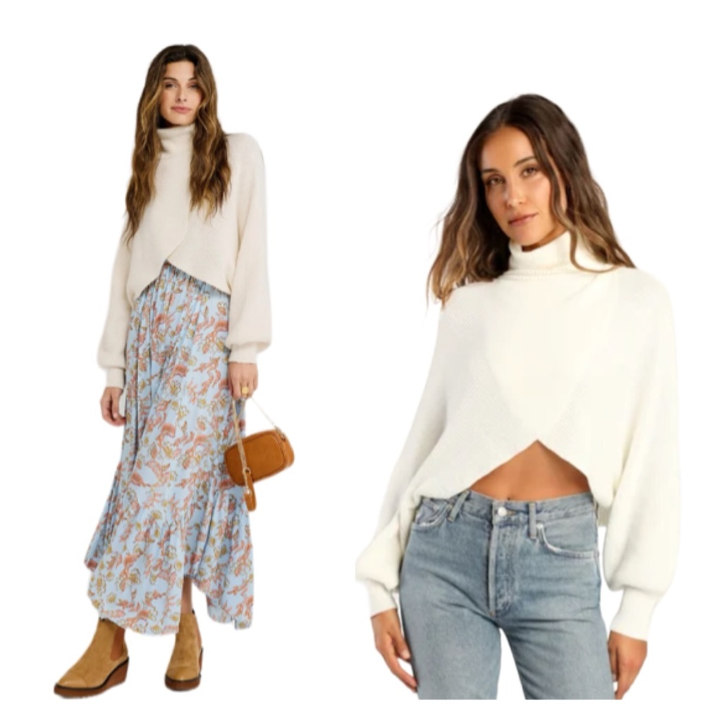 Elan Criss Cross Cropped Cream Turtleneck Sweater
